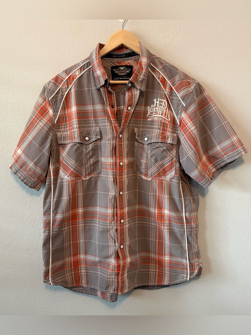 Harley-Davidson Men's Gray & Orange Plaid Short-Sleeve Pearl Snap V Twin Shirt
